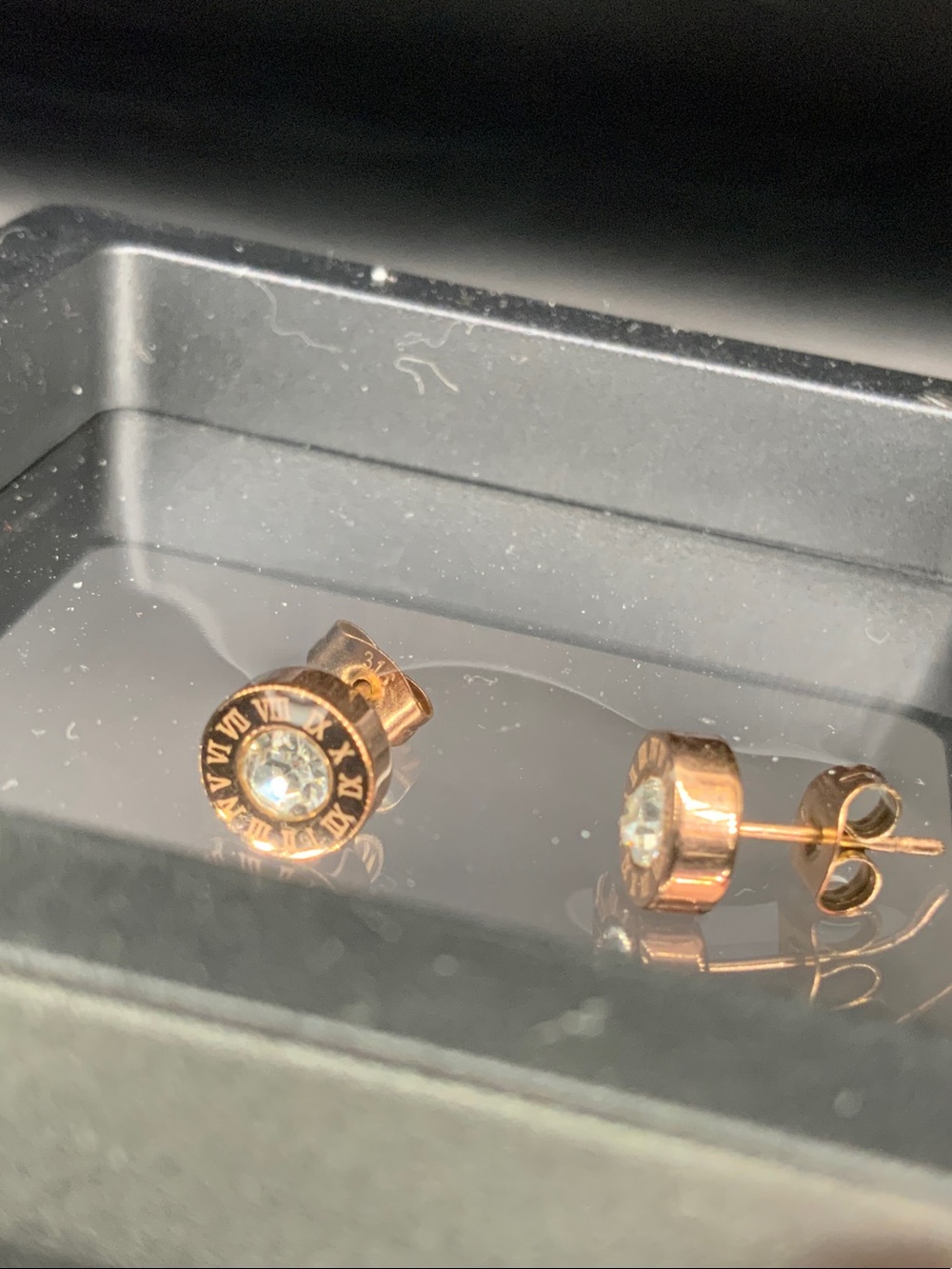 Rose Gold Roman Numeral Stud Earrings with Clear Crystal